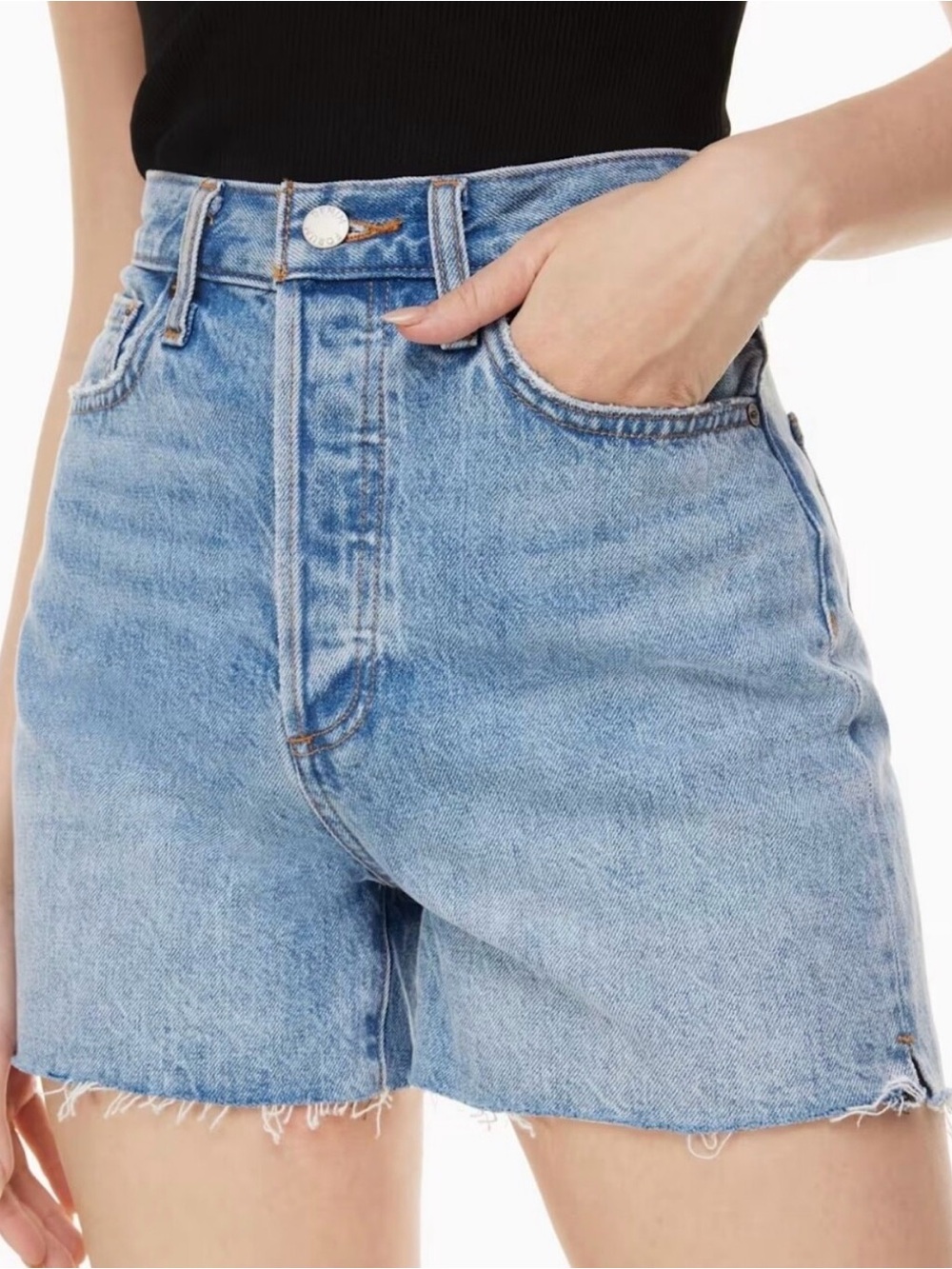Denim Forum | The Yoko Mid Thigh Distressed High-Rise Denim Shorts | Size 26